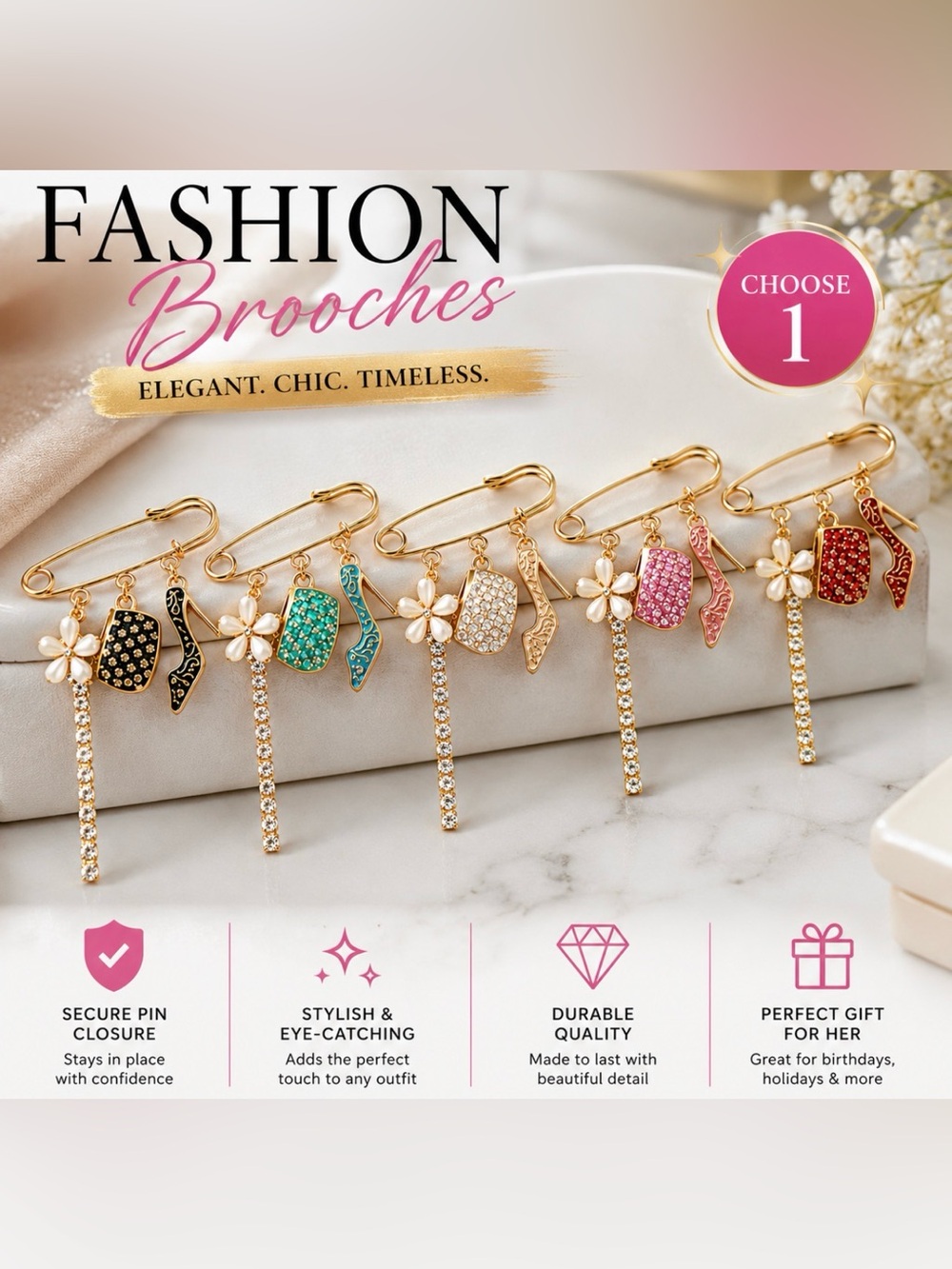 Gold Safety Pin Brooch with Enamel Charms - Choose 1